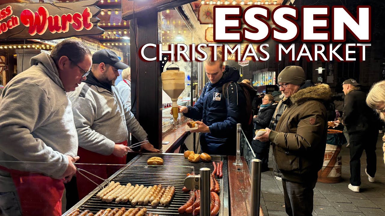 [4K] ESSEN- Christmas Market Food Tour | The Best Place For German Food| From Sausages to Potatoes🇩🇪