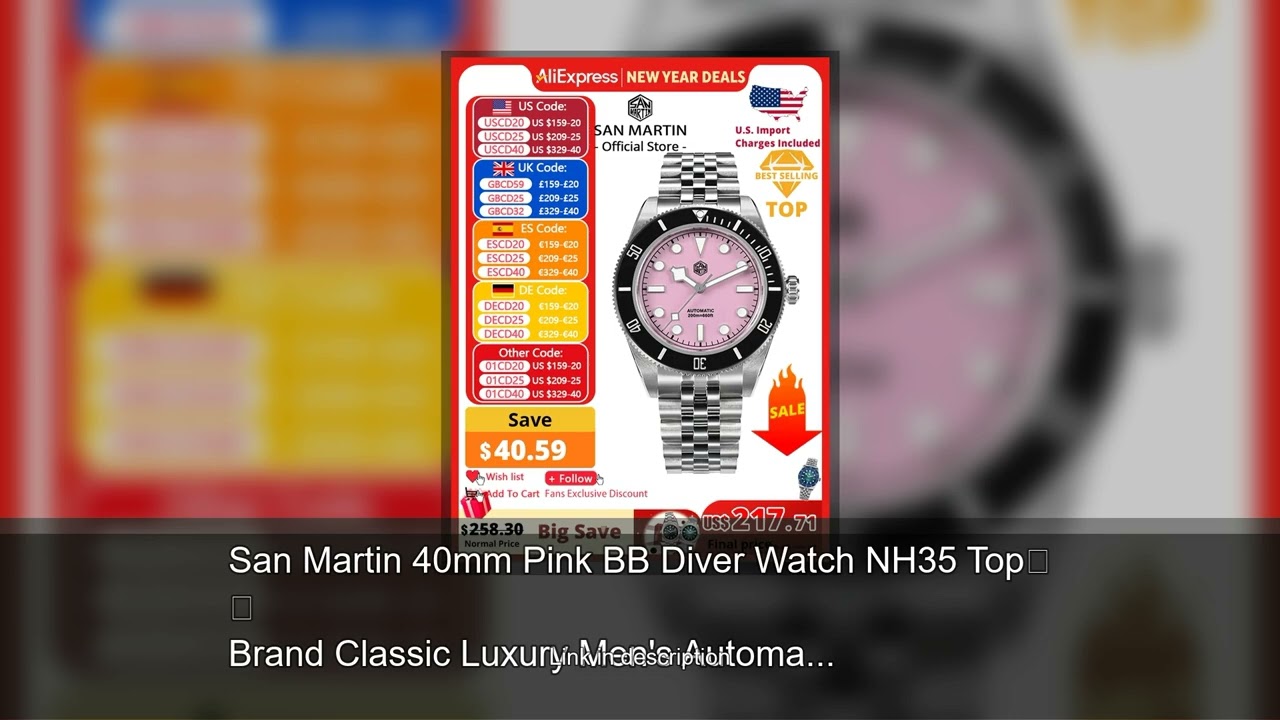 San Martin 40mm Pink BB Diver Watch NH35 Top Brand Classic Luxury Men's Automatic Mechanical Sa