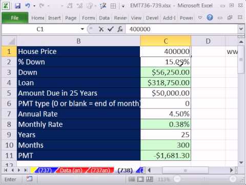 Excel Magic Trick 738：ゴールシーク、ローン支払い、キャッシュフロー、バルーン支払いのためのPMT機能