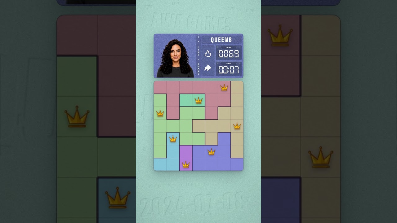 LinkedIn Queens #69 solved board for July 8, 2024, 7x7 grid
