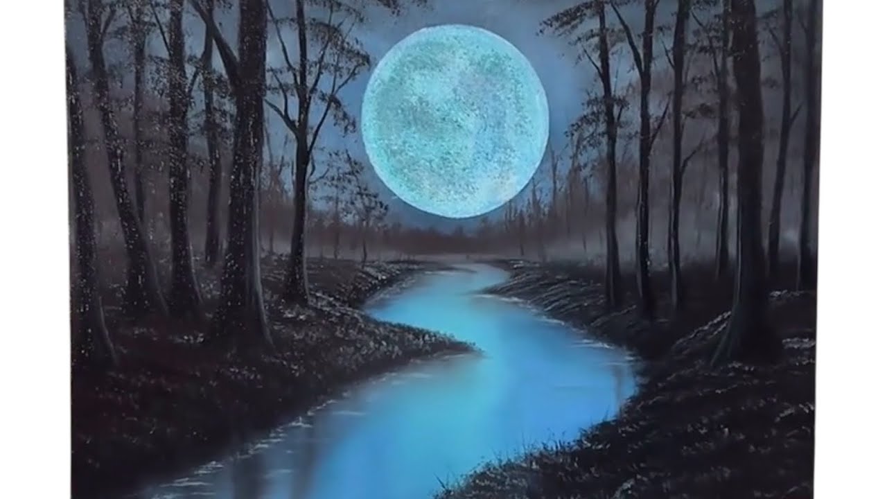How to paint a Moonlit Forest Oil Painting 642 Bob Ross Style RelaxingASMR