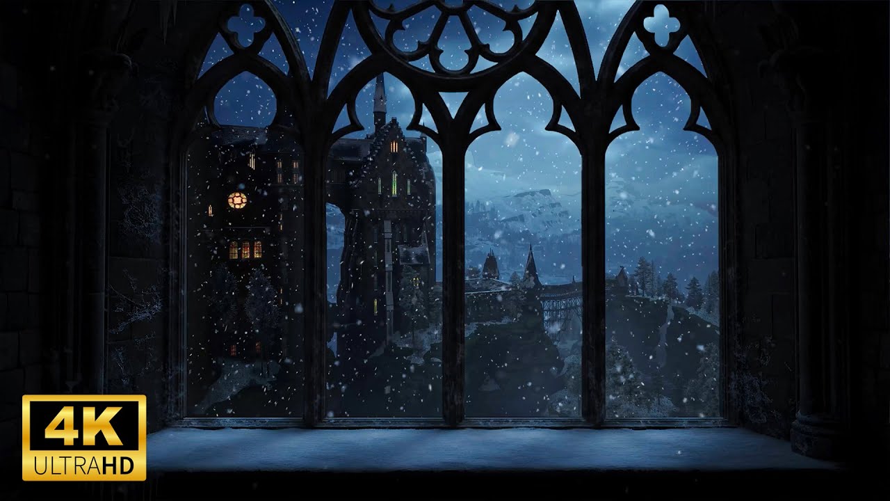 4K Hogwarts Winter Window – Harry Potter Snow Ambience & Gentle Wind for Study and Sleep