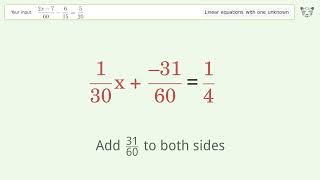 Solve (2x-7)/60-6/15=5/20: Linear Equation Video Solution | Tiger Algebra