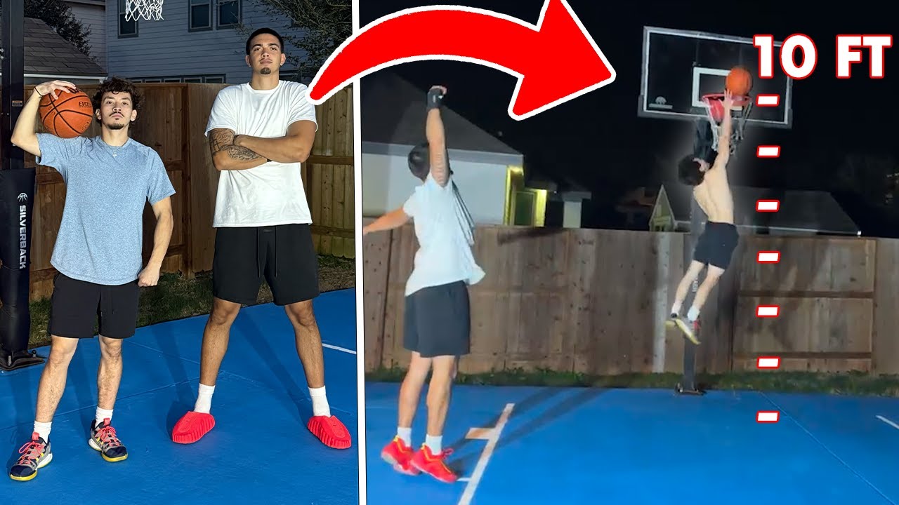 Учу своего невысокого друга забивать мяч в баскетбольное кольцо высотой 3 метра!!