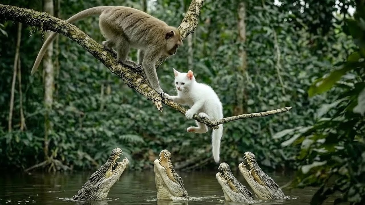 Kind Monkey Rescues Kitten Stuck on Tree Branch – Incredible Animal Rescue Moment