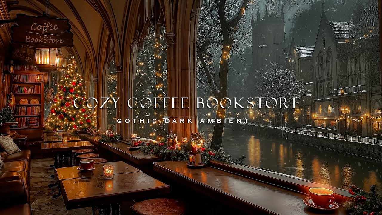 Christmas Night in a Cozy Coffee Bookstore with a View of the Snowy Canal | Christmas Dark Academia