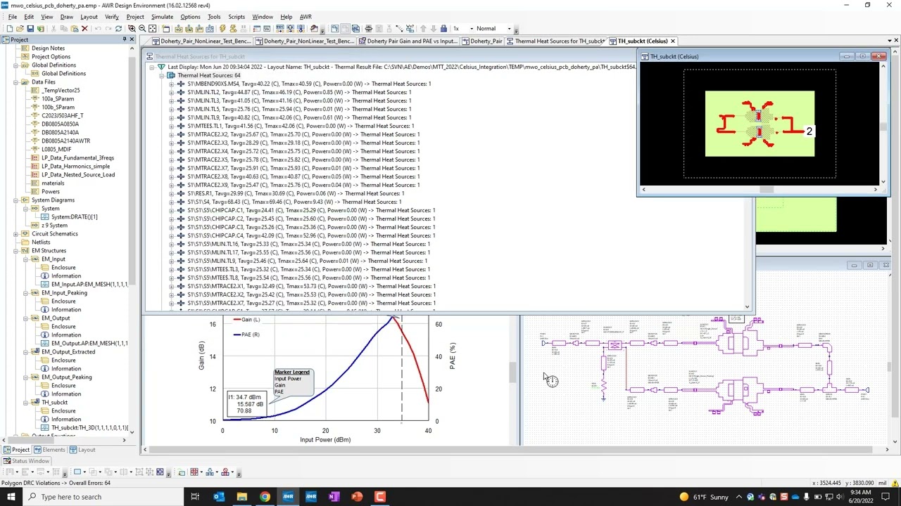 Electrothermal Analysis of an RF Doherty PA on PCB with Microwave Office and Celsius Thermal Solver