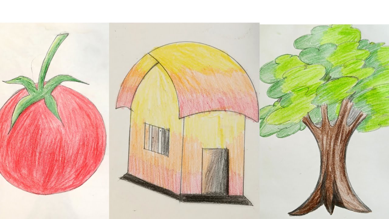 How to draw tree, house, tomato easily🌴⛺🍅 
