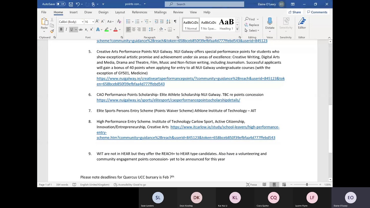 Information about CAO Points Concession Scholarships for Sport Volunteering Performance etc....