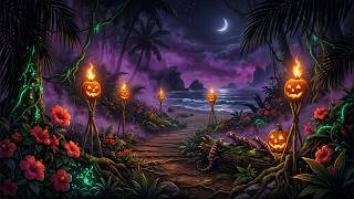 Haunted Summerween Jungle Ambience | Spooky Tropical Music & Waves Sounds | Tiki Torch Jungle