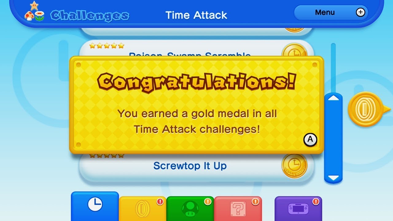 New Super Mario Bros. U: All Time Attack Challenges (All Gold Medals)