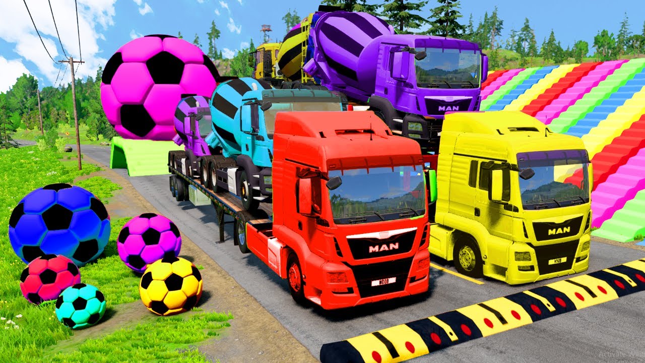 Triple Flatbed Trailer McQueen Transportation with Truck - Speedbumps vs Cars vs Train - BeamNG #18