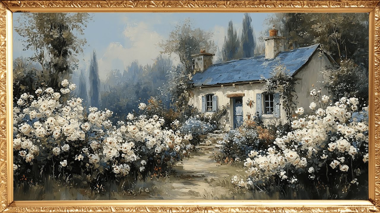 French Cottage with White Roses | Elegant Calm Frame TV Art (No Music)