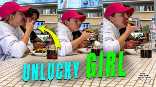 Egg Falls into a Cup of Coffee as Girl Eats the Sandwich