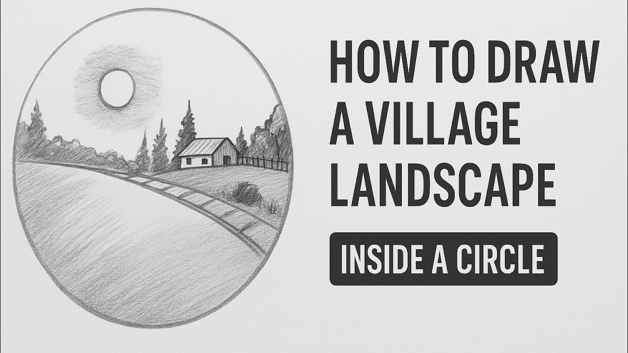 How to Draw a Village Landscape Inside a Circle | Pencil Sketch for ...