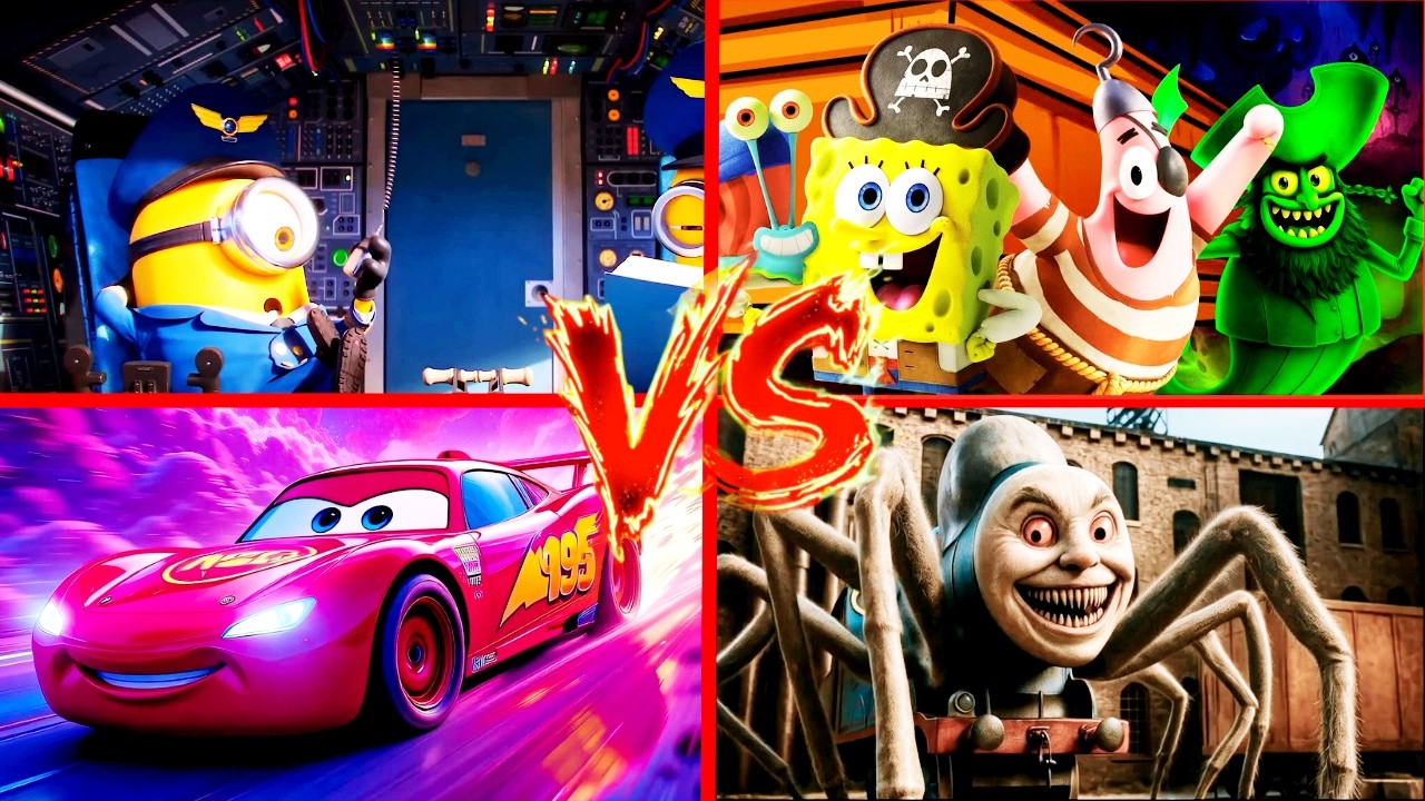 MINION MONSTERS 🆚 SPONGEBOB 🆚 MCQUEEN SPIDER EATER 🆚 SPIDER THOMAS 🎶 - Tiles Hop Coffin Dance