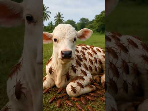 baby cow lying in field while covered in huge cockroaches #humanity #cow #animals #cartoon #funny