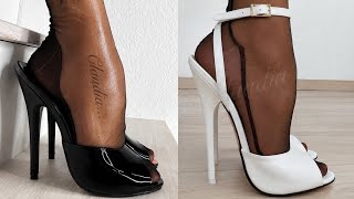 Beautiful Gorgeous looking NYLON STOCKINGS Stiletto Mules High Heels Sandals