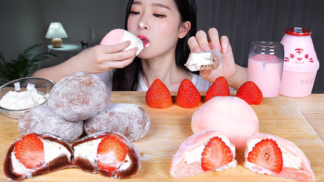 딸기우유 초코우유로 만든 찹쌀떡 먹방 🍓 ASMR MUKBANG | Strawberry Milk & Chocolate Milk Sticky Rice Cake 🍫 (w/Rec