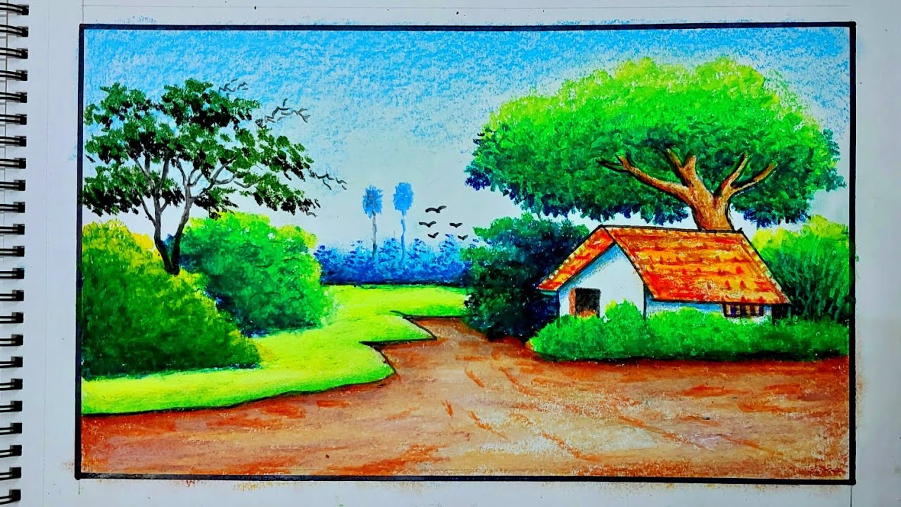 How To Draw Easy Village Scenery / Drawing Village Scenery / Step By ...