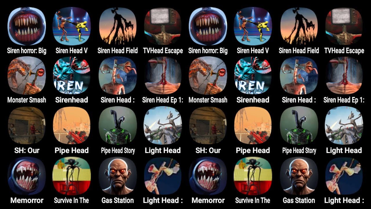 Games: Siren Horror 3D, Siren Head Robot Fighting, Siren Head Field, TV Head Escape 3D, Monster...