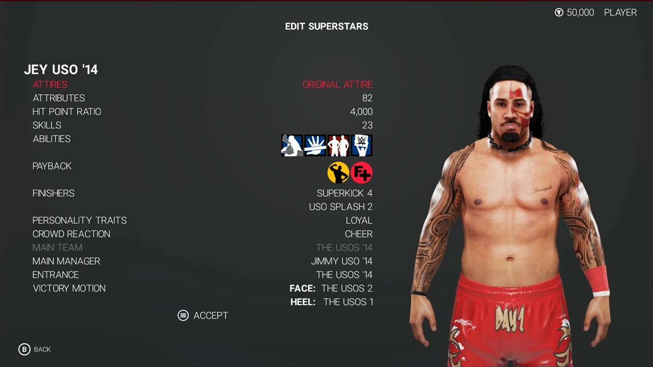 WWE 2K19 Jey Uso '14 Stats & Attributes