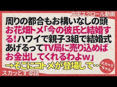 スカッとする話 周りの都合もお構いなしの頭お花畑トメ「今の彼氏と結婚する！ハワイで親子３組で結婚式あげるってTV局に売り込めば向こうがお金出してくれるわよｗ」→そこにコトメが登場して… スカッとちゃん