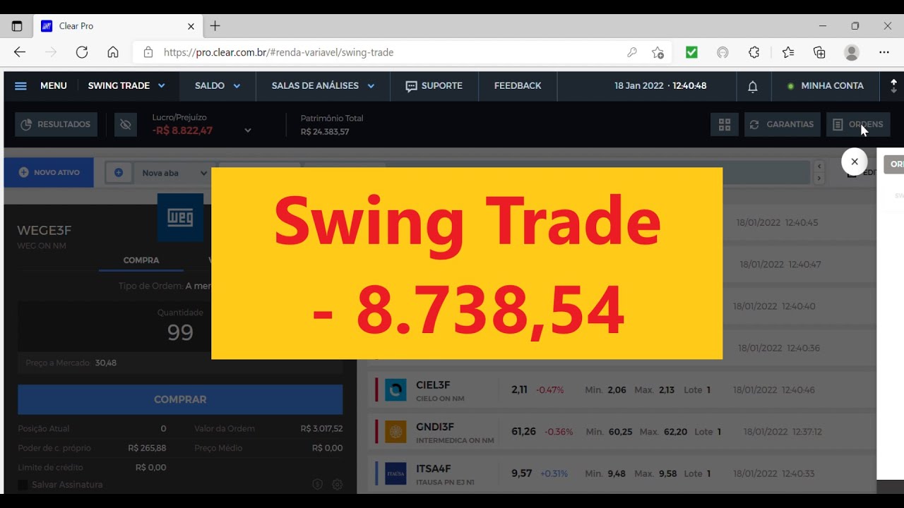 Operações na Bolsa de Valores B3 do dia 18 de janeiro de 2022. Swing trade, Day trade.