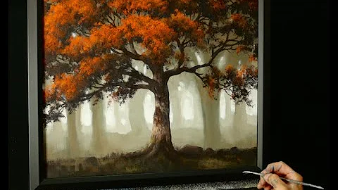 Painting an autumn misty forest landscape in acryl...