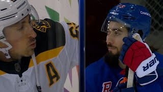 Marchand and Zibanejad square off in epic pregame standoff