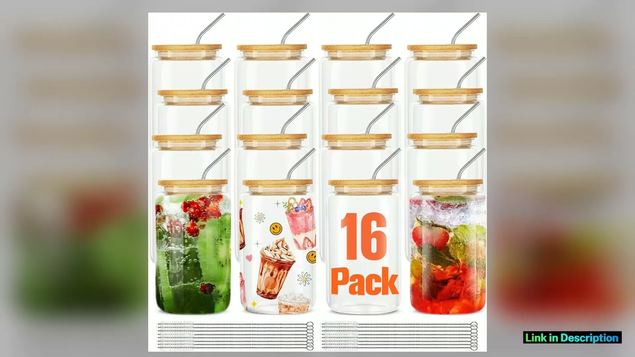 16Pcs Glass Cups with Bamboo Lids Straws 16Oz Reusable Tumblers for Coffee Tea Juice Ideal Gift Set