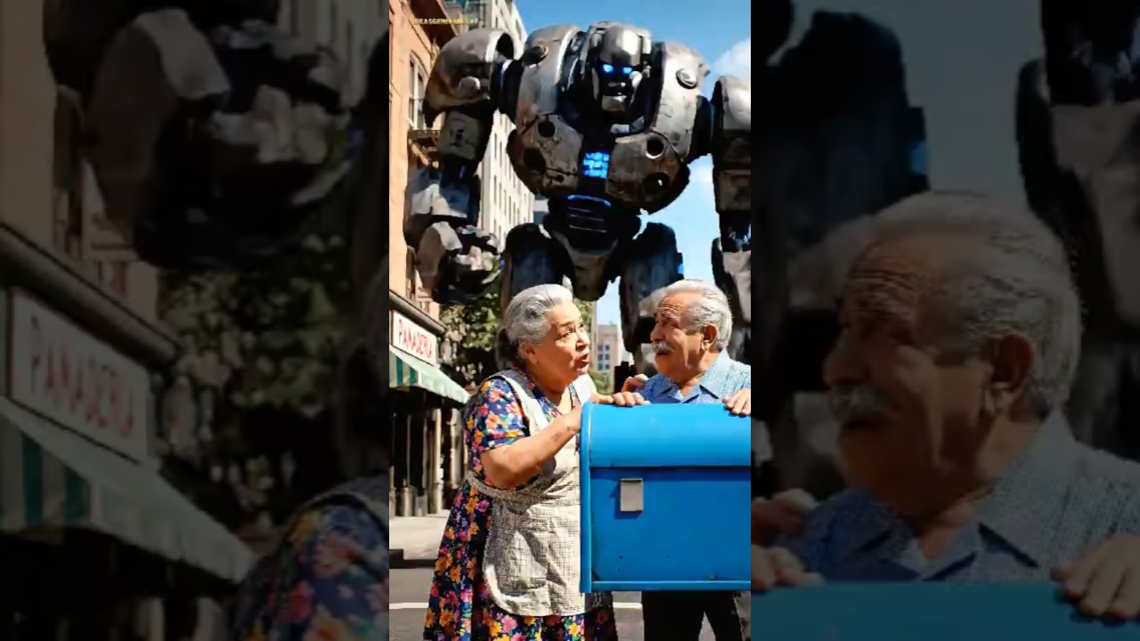 ¡Abuelos valientes saludan al robot gigante en la ciudad! 🤖🤣