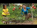 Mother with daughter catch snake and pick egg quail for food-Cooking snake with egg quail for dinner