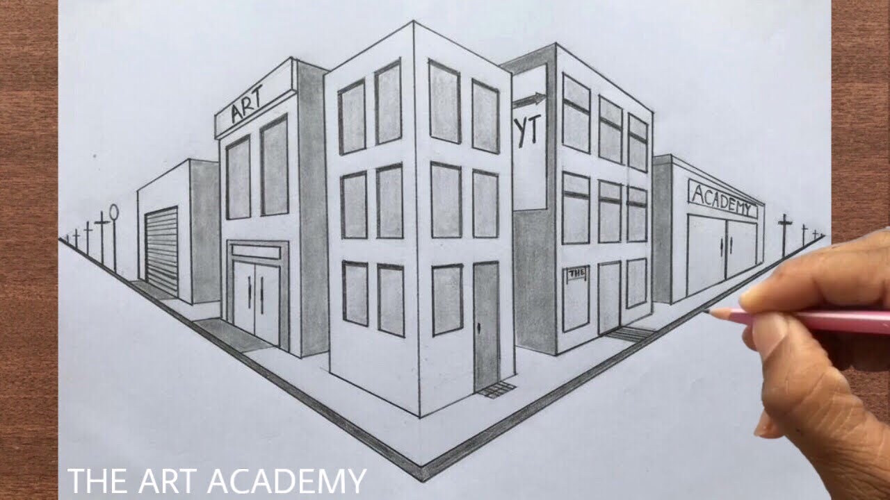 2 point perspective buildings sketch