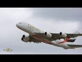 Airbus A388 quad jet wide body aircraft takeoff and close flyby from Toronto Pearson