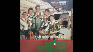 Berge, Schnee und Sonnenschein
Grazer Spitzbuam (Spatzen)
1983- 2018
Bin mir nicht sicher, ob des das erste Album der Grazer Spitzbuam is, aba ko sein. Die einzigen zwei Männer, die ich kenne, sind Wolfgang Sorger (Bariton), der Leiter der Band, und Erich Kleindienst (Gitarre). Hab diese Gruppe im 1985 in den USA gesehen und war danach a begeistert Fan von Oberkrainer Besetzung.
Album
Heut Wolln Wir Lustig Sein - (1984)
Were Gonna Have Some Fun Today
Wolfgang und Erich haben einige Songs auf diesem Album geschrieben. Die Themen sind eine Mischung aus Alpenland Kultur, Freundschaften und oanfach Spaß haben. Wie immer springt die Musikalität dieser Gruppe auf dich los. Die Grazer waren schon von Anfang an eine Spitzen Gruppe der Volkstümliche Musik.
Song
Berge Schnee und Sonnenschein - Mountains, Snow and Sunshine - Erich Kleindienst
Diese Melodie von Erich Kleindienst (Gitarre) ist der perfekte Soundtrack zum Winter. Der Winter in den Bergen ist ein Knaller. Skifahren, Snowboarden und vieles mehr. Setzen Sie Ihre Sonnenbrille auf, spüren Sie die Sonne auf Ihrem Gesicht und vergessen Sie Ihre Probleme. T,ja und da jodelt der Wolgang sakrisch guat! Muass I sogn Prost. Berge, Schnee und Sonnenschein