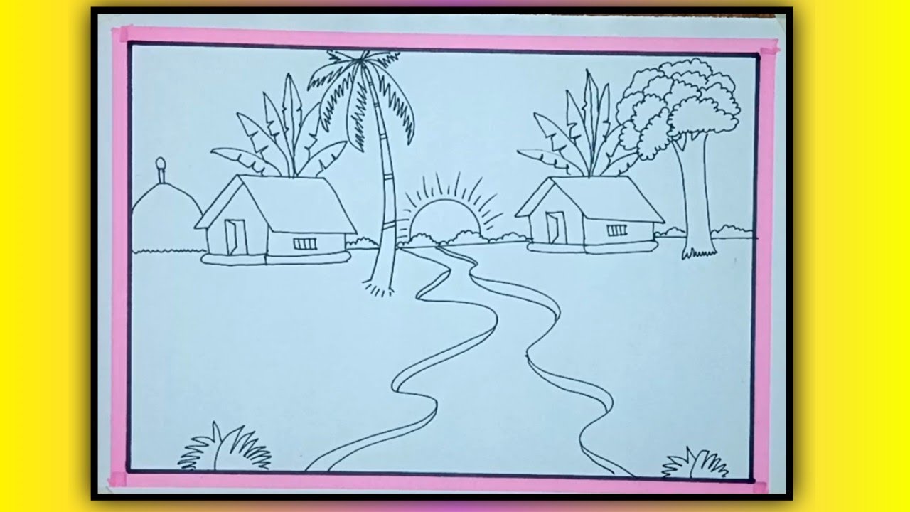 House scenery drawing | coconut tree scenery drawing | kids scenery drawing | easy kids drawing