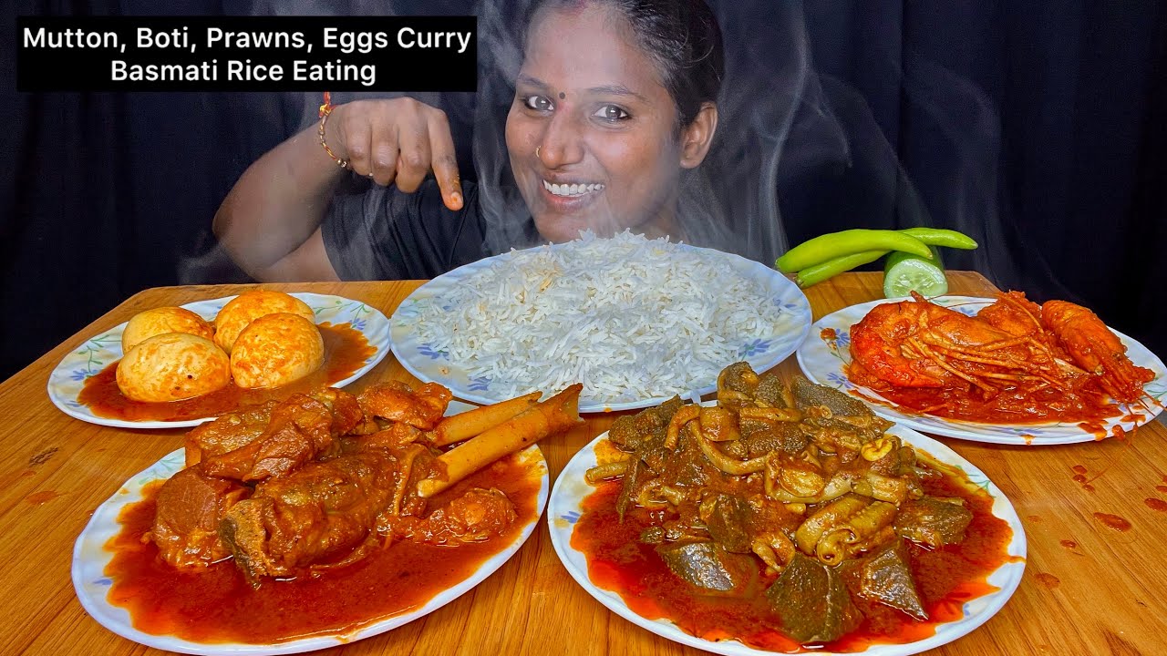Mutton, Boti, Prawns, Eggs Curry Basmati Rice Eating Challenge | Video 105