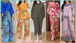 Ladies Printed Two Piece Wide Leg Pants With Top Casual Outfits Design 2024