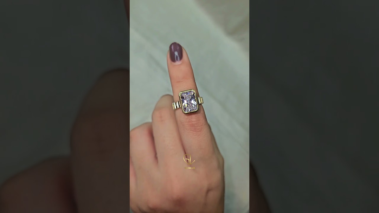 Radiant Cut Moissanite Diamond bezel Set Solitaire With Accent Ring  