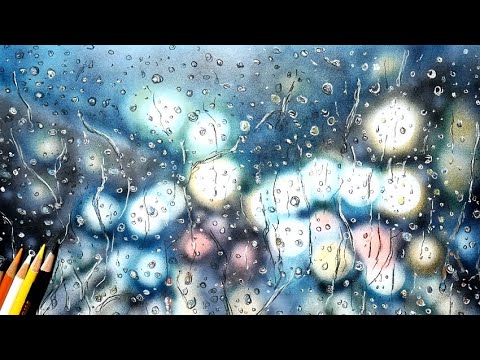 窓の水滴を描いてみた 夜の街 色鉛筆 リアルな絵 Color Pencil Drawing Of A Night Scene With Raindrops On The Windows Youtube
