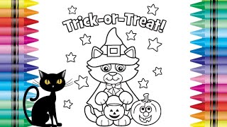 halloween cat trick or treat coloring page with markers halloween cat trick or treat coloring page with markers