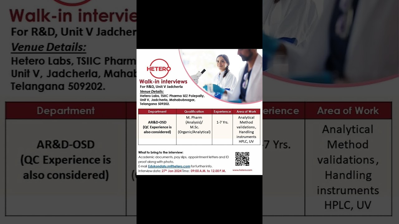 Hetero Labs Limited walk-in interview for Analytical R&D 