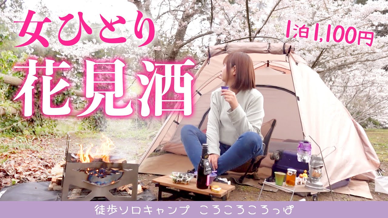 桜の下で独身女がひとり花見酒キャンプ！湖に囲まれた1泊1100円の穴場キャンプ場！　 徒歩ソロキャンプ女子