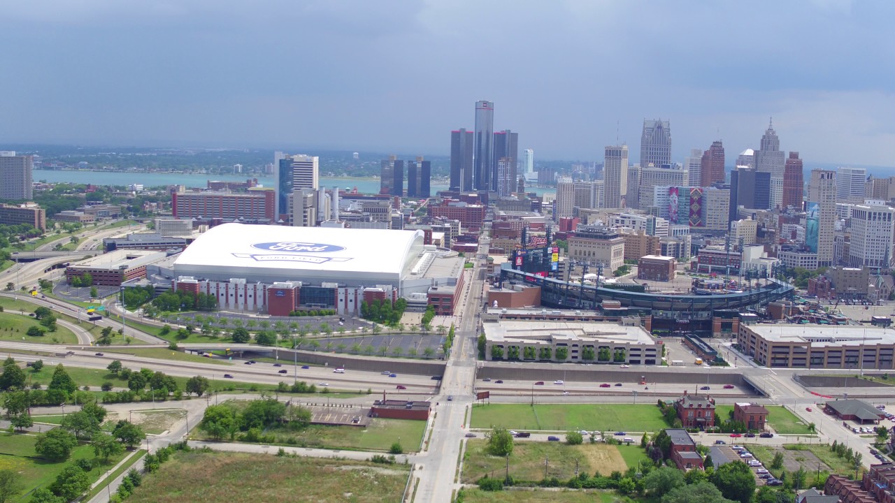 Drone View Of Downtown Detroit Ford Field Comerica Park And Little drone-view-of-downtown-detroit-ford-field-comerica-park-and-little