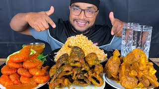 MUTTON CURRY, FULL QUAIL CURRY AND PRAWNS MASALA CURRY WITH RICE EATING SHOW, MUKBANG EATING SHOW