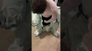 Putting on an inflatable pvc wolf suit special version with zipper on belly