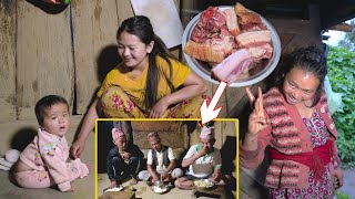 Village style pork item cooking & eating in Village kitchen Family || Pig meat || Village vlog