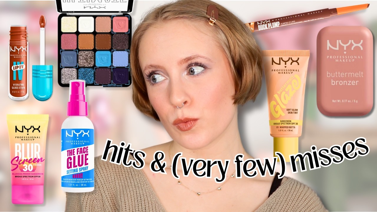 Full Face of NYX Makeup: Buttermelt Glaze Skin Tint, Face Glue Setting Spray, Lip IV, & more