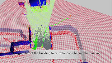 Semantic navigation: Navigate left of the building to a traffic barrel behind the building.